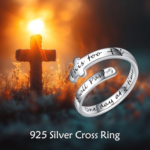POPLYKE Cross Rings Sterling Silver Faith Adjustable Wrap Rings for Women Inspirational Jewelry Gifts - color: one day at a time