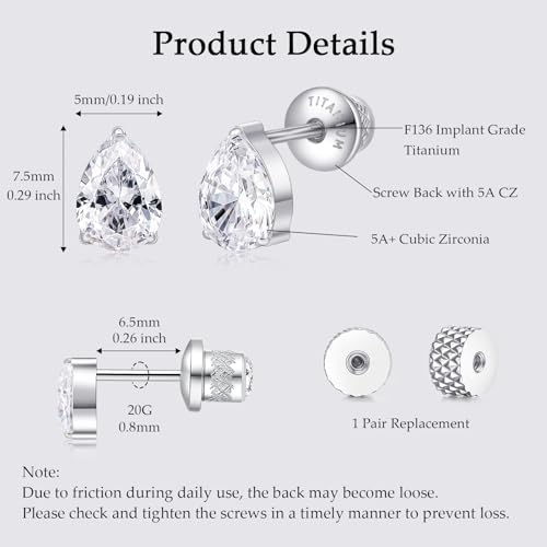 Limerencia Titanium Flat Back Screw Back Stud Earrings for Women Men - color: Silver 2