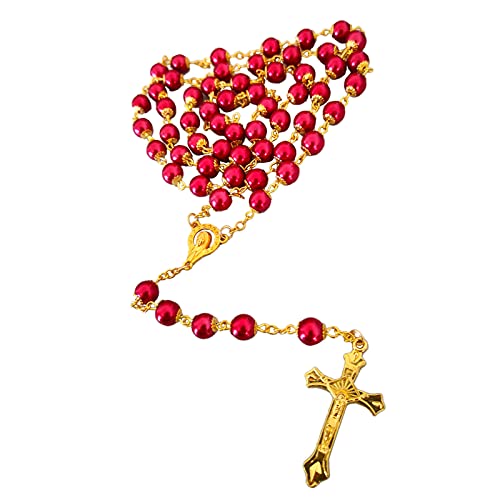 Rosary Beads Catholic for Women Girls, First Holy Communion Rosary Gifts for Girls Catholic, Gold White Rosary Necklace for Women Imitation Pearl Beads Necklace Rosarios Catolicos - color: Red