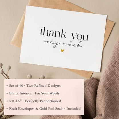 Thank You Cards with Envelopes Bulk Pack of 40 - Gold Foil Classic Fonts - color: Gold Foil - Classic