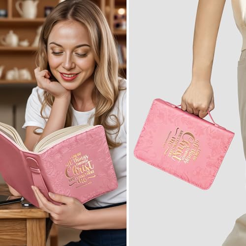 Bible Covers for Women Leather Bible Cover Case for Women with Floral Design & Gold Debossed Scripture and Pockets, Bible Carrying Case for Women, Girls, Gifts