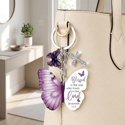 3 Pack Christian Butterfly Cross Keychains, Women Bible Verse Keychains, Inspirational Religious Gifts (Purple, Blue, Pink)