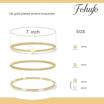 Gold Bracelets for Women Jewelry - Easter Basket Stuffers, Cross/Pearl/Beaded Bracelets Set, Dainty 14K Gold Plated Beaded Bracelets Stack, Birthday Easter Gifts for Women - color: 1Cross+1Bead+1Pearl