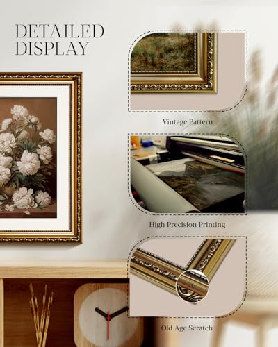 HUARCEY Vintage Gold Framed White Peony Floral Canvas Wall Art 13x16 Inch - color: Falling, size: 16"L x 13"W