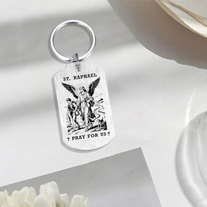 Alotozo St. Raphael Gifts - Saint Raphael Keychain for Mens Women, Patron Saint of Healing Travelers Gifts, Birthday Christmas Gift for Son Daughter Friend