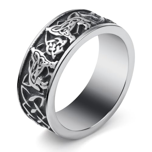 Viking Rings Stainless Steel Viking Norse Runes Wolf Raven Ring Jewelry for Men Women Size 7/8/9/10/11/12/13 - style: Viking Wolf&Knot