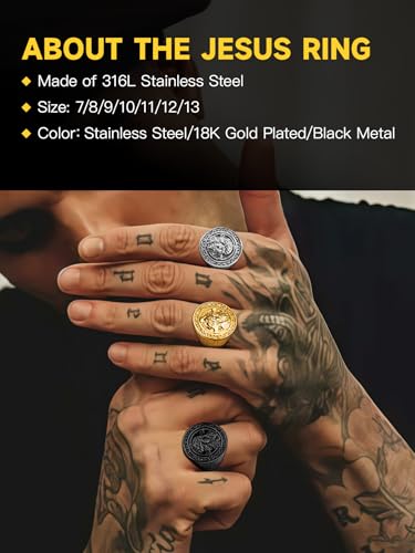 Christian Cross Rings for Men - Stainless Steel Jesus Jewelry with Celtic Knot Sides (Gold/Black/Silver) - Catholic Religious Gift, Size 7-13 - color: H: Silver-Jesus