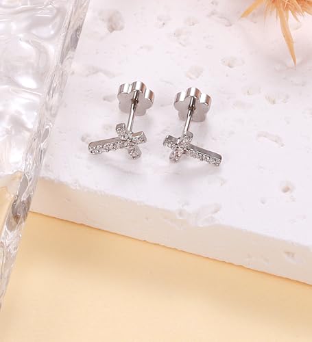 14K Gold Plated Small Stud Earrings for Girls Women Hypoallergenic Surgical Steel Cartilage Flat Back Stud Earrings CZ Cross Dot Bar Heart Handmade Screw Back Earrings Studs - color: Silver, style: Cross