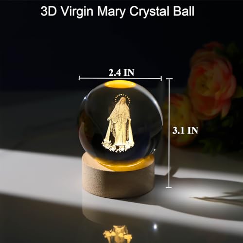 Arikyrist 3D Crystal Virgin Mary Statue Figurine with Wooden Base, Laser Etched Crystal Our Lady of Guadalupe Glass Sphere Statue, 3D Crystal Ball Mother Mary Christian Catholic Religious Easter Gifts - color: 3d Mary#1