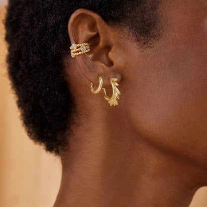MYEARS Women Hoop Earrings Gold 14K Gold Filled Small Simple Handmade Hypoallergenic Everyday Illusion Jewelry - style: Sun Leaf