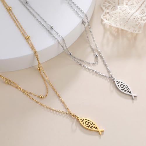 Ichthus Necklace for Women Christian Jesus Fish Necklace Christ Fish Cross Ichthys Pendant Necklace Ichthus Fish Religious Symbol Pendant Christian Jewelry Gift - color: Jesus Fish 2 silver