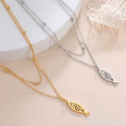 Ichthus Necklace for Women Christian Jesus Fish Necklace Christ Fish Cross Ichthys Pendant Necklace Ichthus Fish Religious Symbol Pendant Christian Jewelry Gift - color: Jesus Fish 2 silver