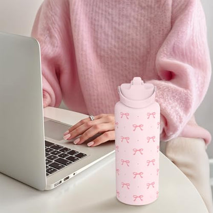 Pink Bow Water Bottle Stainless Steel Insulated Vacuum 32oz with Lid, Gifts for Women Girls Teens Birthday Christmas - color: Coquette Pink Bow