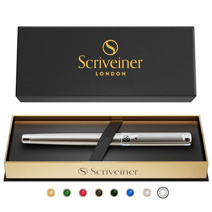 Scriveiner Stainless Steel Rollerball Pen - Stunning Luxury Metal Pen with Silver Chrome Finish, Schmidt Ink Refill, Best Roller Ball Pen Gift Set for Men & Women - color: 16. Stainless Steel with Chrome