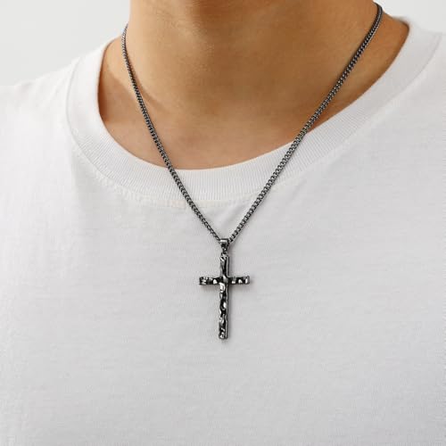 Cross Necklace for Men Boys - Hammered Cross Pendant with Cuban Chain Unique Crucifix Necklaces Christmas Christian Religious Jewelry Gifts 22+2 Inches - color: Black