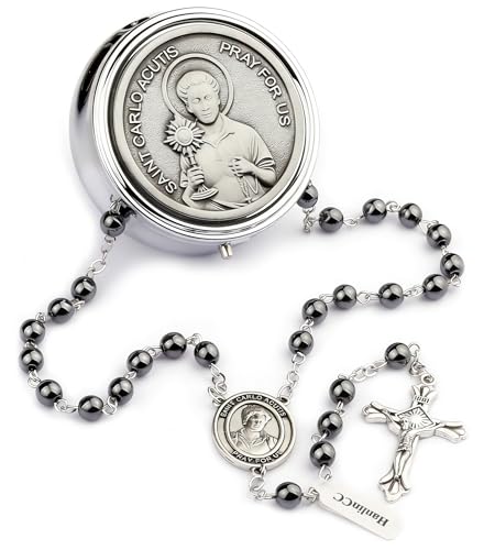 HanlinCC Saint Carlo Acutis Catholic Rosary Necklace with Gift Box - color: Hematite