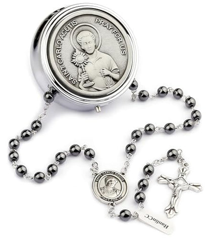 HanlinCC Saint Carlo Acutis Catholic Rosary Necklace with Gift Box - color: Hematite