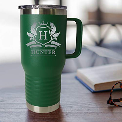 Custom Personalized 20 oz Stainless Steel Powder Coated Vacuum Insulated Double Walled Travel Tumbler Coffee Mug with Handle and Lid (Green) - color: Green