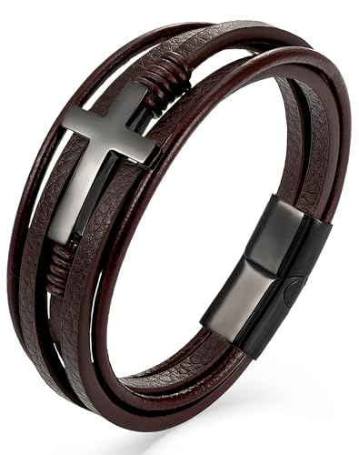 YL Mens Cross Viking Celtic Ankh Odin Compass Life Tree Leather Bracelet, 18K Gold/Black Rhodium Stainless Steel Christian Religious Protection Talisman Brown Cuff Handcrafted Jewelry Gifts - color: Black Rhodium-Cross A-Brown, size: 8.3"(210mm)