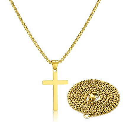 SKQIR Stainless Steel Cross Necklace for Men Silver Cross Necklace for boy Small Cross Pendant Necklace Simple Jewelry Cross Chain Gifts for Men - color: Gold:Cross Pendant 0.6'' * 1.0'', style: Chain 18 inches
