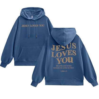 Christian Jesus Loves You Hoodies for Teen Religious Faith Sweatshirts Bible Verse Graphic Youth Hoodie - color: Deep Blue, size: Small
