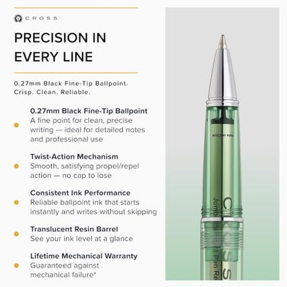Cross Lume Translucent Translucent Green Resin Ballpoint Pen - Chrome-Plated Appointments - Black Fine-Tip Ballpoint - 0.27mm Line Width - Lifetime Mechanical Warranty - color: Green