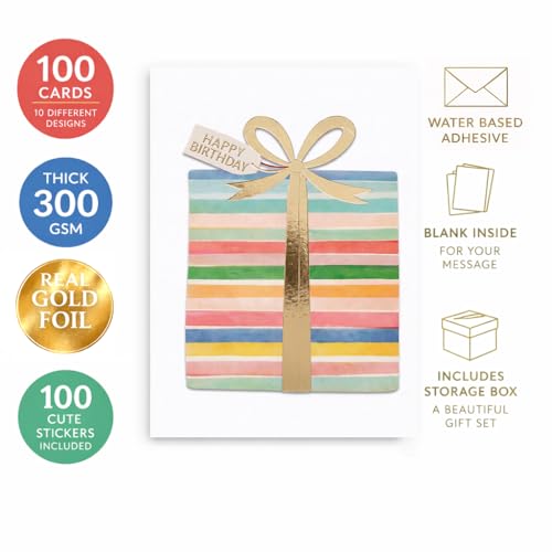 100 Pack Birthday Cards Bulk with Envelopes & Stickers, Large 5x7 Assorted Happy Birthday Cards, 300gsm Thick Cardstock, Gold Foil Designs, Blank Inside, Storage Box Included