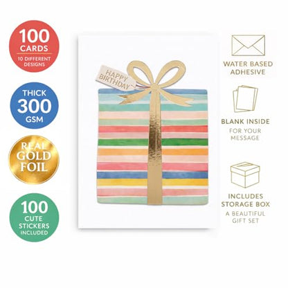100 Pack Birthday Cards Bulk with Envelopes & Stickers, Large 5x7 Assorted Happy Birthday Cards, 300gsm Thick Cardstock, Gold Foil Designs, Blank Inside, Storage Box Included
