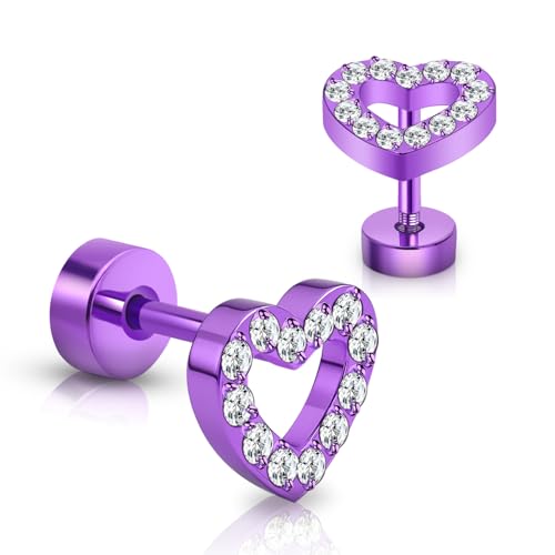 XUU 20G Flat Back Stud Earrings ASTM F136 Titanium & Sparkling CZ - color: purple heart