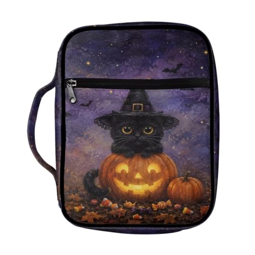 Suobstales Cat Pumpkin Bat Candy Maple Leaves Pattern Bible Cover Carrying Book Case for Women Men Halloween Lightweight Bible Bag Bible Protective with Handle and Zippered Pocket - color: Cat Pumpkin Bat Candy Maple Leaves