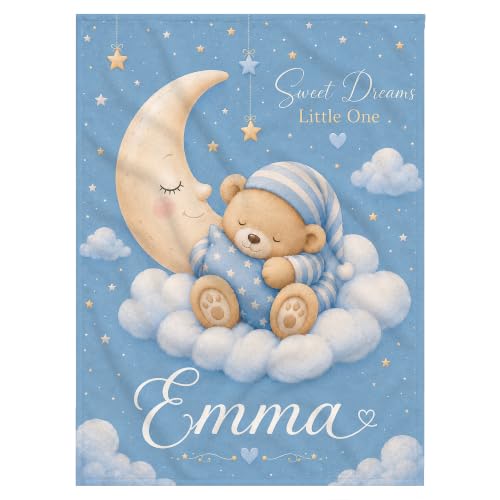 Personalized Baby Blanket With Name, Custom Baby Blankets Gift for Boy Girl - color: Cloud Blue, size: Bear