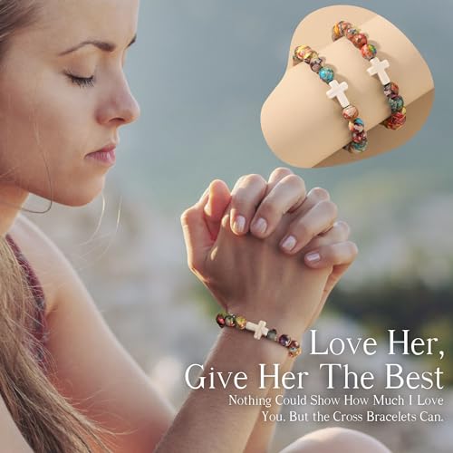 Cross Bracelets for Women, Christian Gifts for Women Stocking Stuffers for Teens Cross Bracelet Imperial Nature Stone Bead Bracelet Confirmation Baptism Gift for Teen Girls Christmas Religious Gift Cathlic Faith Jewelry - color: Colorful