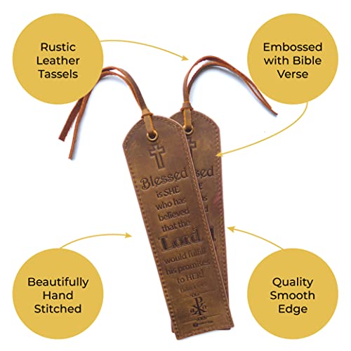 Leather Bible Bookmarks - 2 Leather Christian Bookmarks with Inspirational Bible Verse | Luke 1: 45 Blessed is She | Perfect Religious Book Marker Gifts for Men, Women, Readers and Friends - style: Luke 1:45