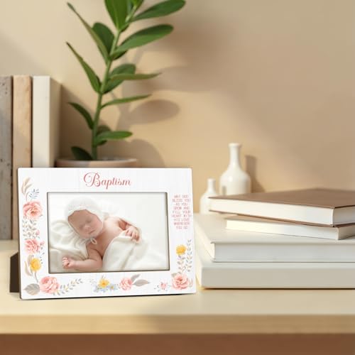 Baby Baptism Picture Frame, Girls Baptism Gifts from Godparents Friends Family, Catholic Baby Gift, Pink Flowers Wooden Picture Frame Fits 4x6 Inch Photo, Home Office Desktop Nightstand Decor -013 - color: Flowers-1