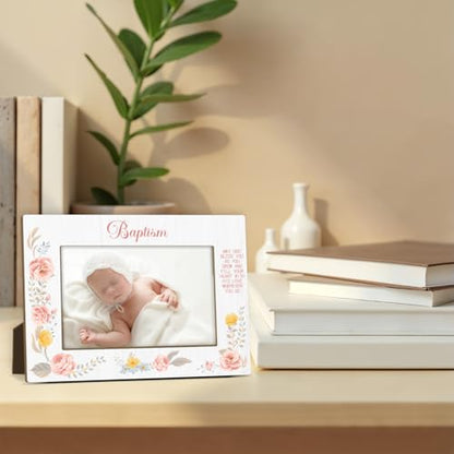 Baby Baptism Picture Frame, Girls Baptism Gifts from Godparents Friends Family, Catholic Baby Gift, Pink Flowers Wooden Picture Frame Fits 4x6 Inch Photo, Home Office Desktop Nightstand Decor -013 - color: Flowers-1