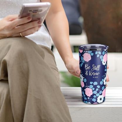 Christian Art Gifts Stainless Steel Double-Wall Vacuum Insulated Travel Mug 18 oz Navy Blue with Pink Floral Tumbler with Lid for Women with Inspirational Bible Verse - Be Still & Know -Psalm 46:10 - color: Navy Blue/Be Still