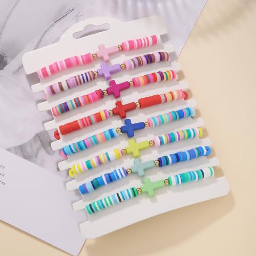 Caiyao 8Pcs Cross Bracelets Bohemian Rainbow Polymer Clay Cross Stretch Bracelets Colorful Stackable Cross Beads Elastic Bracelet for Women Summer Beach Friendship Jewelry Gifts - color: Set A