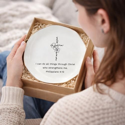 Christian Jewelry Dish with Bible Verse Ring Dish, Inspirational Scripture Ceramic Trinket Tray, Religious Gift for Women, Christian Gift for Friend - color: I Can Do All Things Through Christ Who Strengthens Me