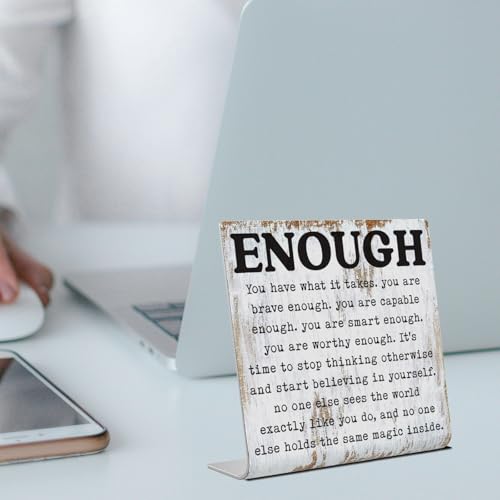 Enough Inspirational Desk Sign Self Worth Affirmation Plaque, Rustic Stainless Steel Motivational Quote Decor for Women, Teens, Therapists, Teachers, Office or Home Gift of Encouragement XLK515 - style: Enough