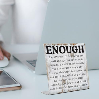 Enough Inspirational Desk Sign Self Worth Affirmation Plaque, Rustic Stainless Steel Motivational Quote Decor for Women, Teens, Therapists, Teachers, Office or Home Gift of Encouragement XLK515 - style: Enough