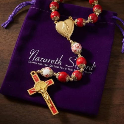 Nazareth Store Saint Benedict 10mm Glass Rosary Beads Catholic Necklace Flowers Mystery Bead Miraculous Medal Locket Cross Prayer Rosarios Catolicos - color: Red