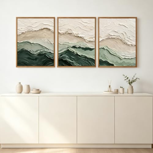 Aurlan 3D Textured Green Abstrcat Ocean Framed Canvas Wall Art 12x16 Inch - color: Green Beige (3D Textured), size: 12"L x 16"W