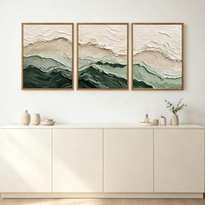 Aurlan 3D Textured Green Abstrcat Ocean Framed Canvas Wall Art 12x16 Inch - color: Green Beige (3D Textured), size: 12"L x 16"W