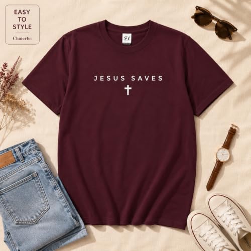 Christian Jesus Saves Cross T Shirt Subtle Minimal Religious Faith Tee Bible Verse Scripture Christian Clothing Unisex - color: Crimson, size: Medium