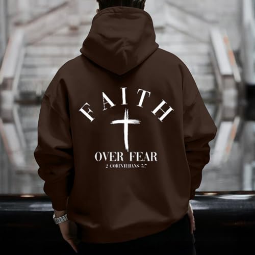 Men Faith Over Fear Christian Cross Graphic Pullover Hoodie - color: Brown, size: Small