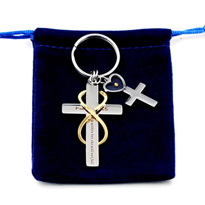 Uloveido Stainless Cross Infinity Keychain Mustard Seed Charms Psalm 46:5 Christian Bible Quote Keyring Baptism Gift - style: Heart Cross