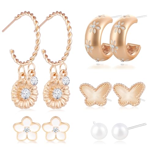 Gold Earrings Set for Women 14K Gold Plated Cubic Zirconia Love Heart Bowknot Clover Fruit Flower Insect Ocean Cross Huggie Hoop Earrings Stud Earrings Set for Multiple Piercing Party Jewelry Gifts - style: Flower Butterfly