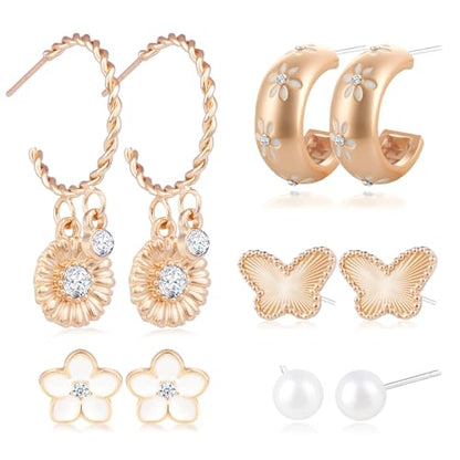 Gold Earrings Set for Women 14K Gold Plated Cubic Zirconia Love Heart Bowknot Clover Fruit Flower Insect Ocean Cross Huggie Hoop Earrings Stud Earrings Set for Multiple Piercing Party Jewelry Gifts - style: Flower Butterfly
