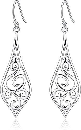 Sterling Silver Plated Dangle Earrings for Women, Oxidized Filigree Boho Vintage Jewelry, Lightweight Drop Earrings, Floral Peacock Angel Wing Leaf Designs, Gift for Women - color: Silver