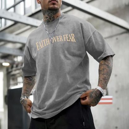 Mens Faith Over Fear Christian Shirts Jesus God Religious Bible Verse Cross Tshirt Oversized Acid Wash Graphic Tees - color: Light Gray, size: Medium